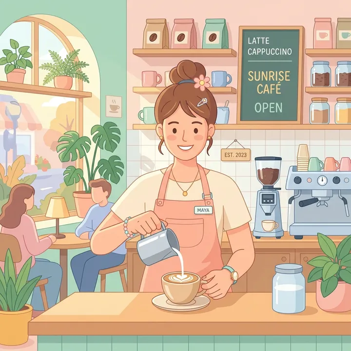 Flache Vektorillustration eines Baristas, der Latte Art gießt