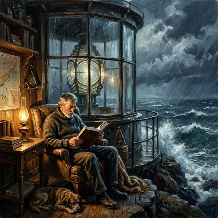 Ölgemälde eines Leuchtturmwärters, der im Sturm ein Buch liest