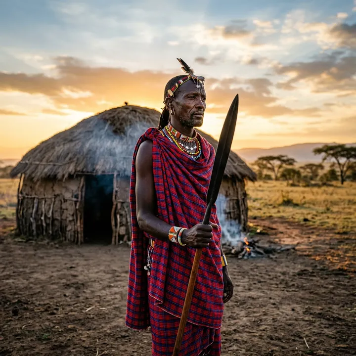 Nahaufnahme eines Maasai-Kriegers vor seiner Hütte bei Sonnenaufgang