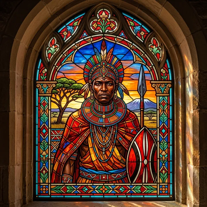 Glasmalerei eines Maasai-Kriegers