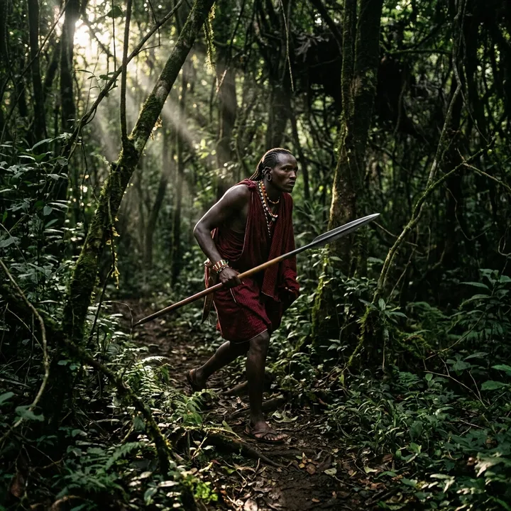 Maasai jagt mit Speer im Wald