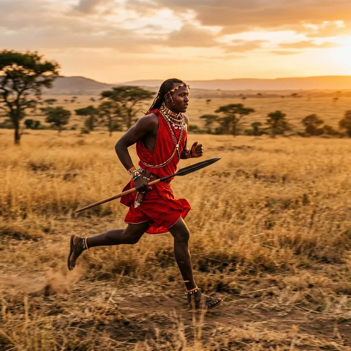 Maasai läuft durch die Savanne
