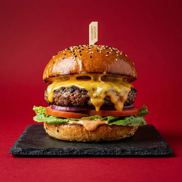 Burger vor rotem Hintergrund