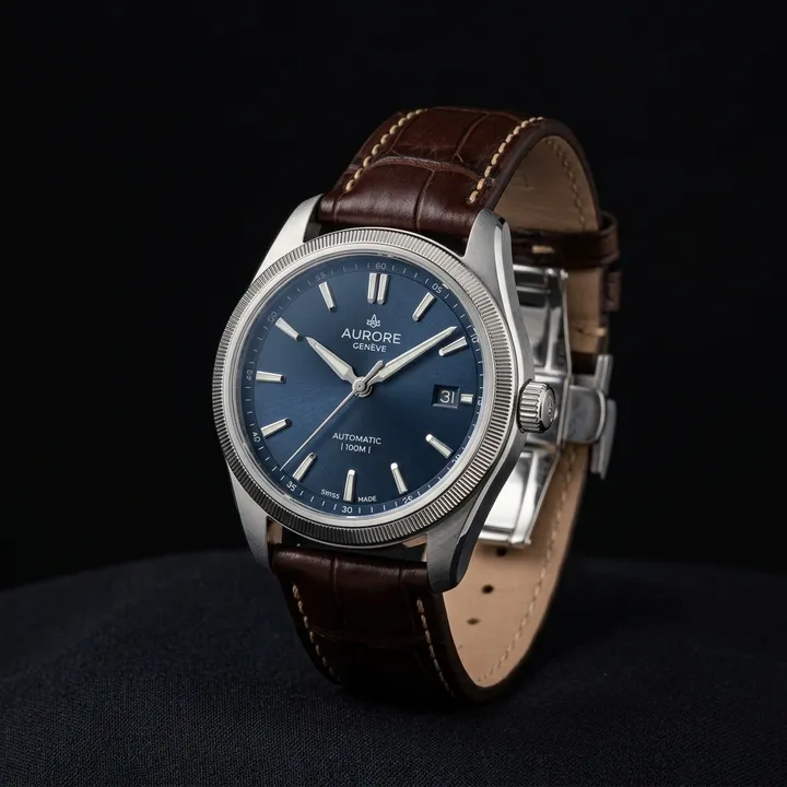 Uhr mit Lederarmband vor schwarzem Hintergrund