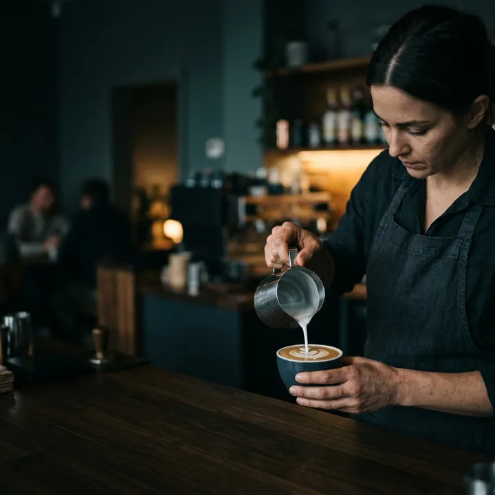 Barista beim Kaffeeeinschenken in einem Café, Cinematic