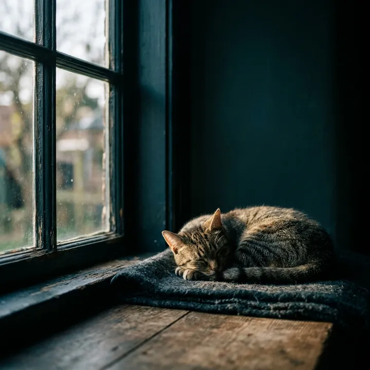 Katze schlafend auf einer sonnigen Fensterbank, Cinematic