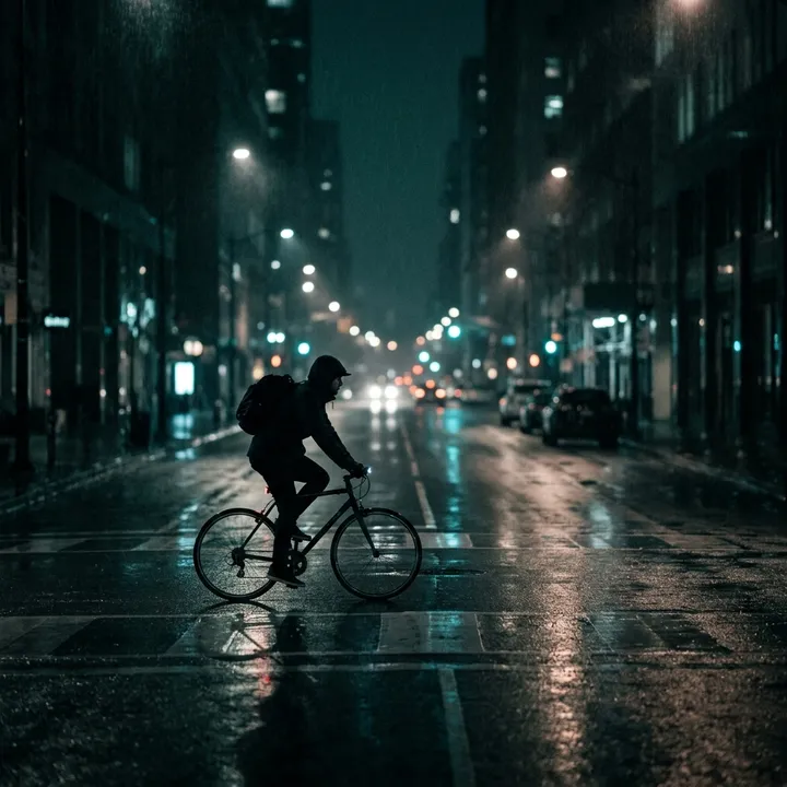 Radfahrer in einer regnerischen Stadt bei Nacht, Cinematic