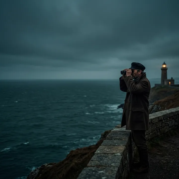 Leuchtturmwärter auf einer Klippe mit Blick aufs Meer, Cinematic