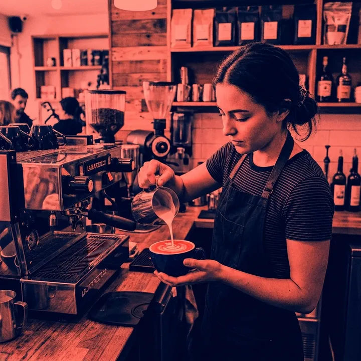 Barista beim Kaffeeeinschenken in einem Café, Duotone