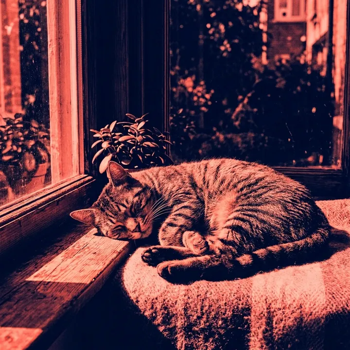 Katze schlafend auf einer sonnigen Fensterbank, Duotone