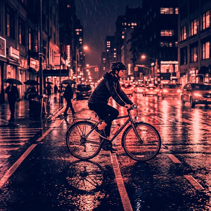 Radfahrer in einer regnerischen Stadt bei Nacht, Duotone