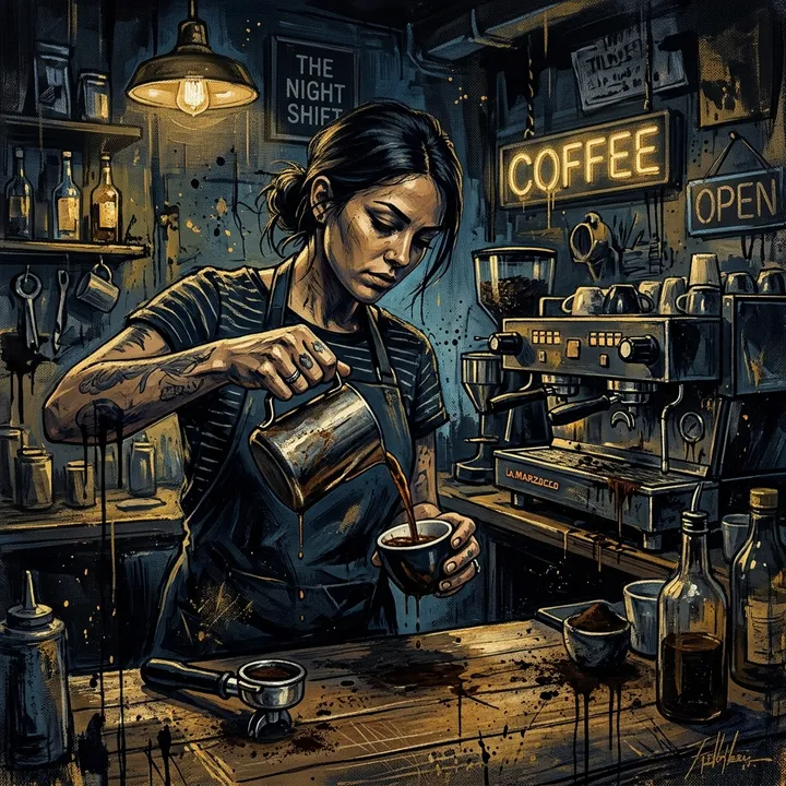 Barista beim Kaffeeeinschenken in einem Café, Neo-Noir