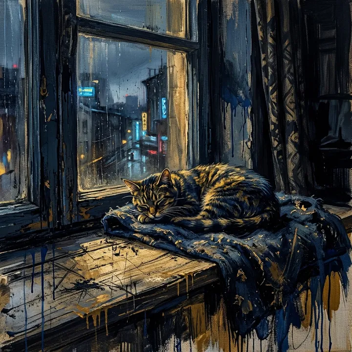 Katze schlafend auf einer sonnigen Fensterbank, Neo-Noir