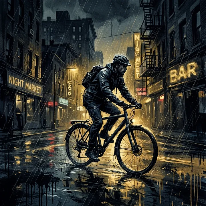 Radfahrer in einer regnerischen Stadt bei Nacht, Neo-Noir