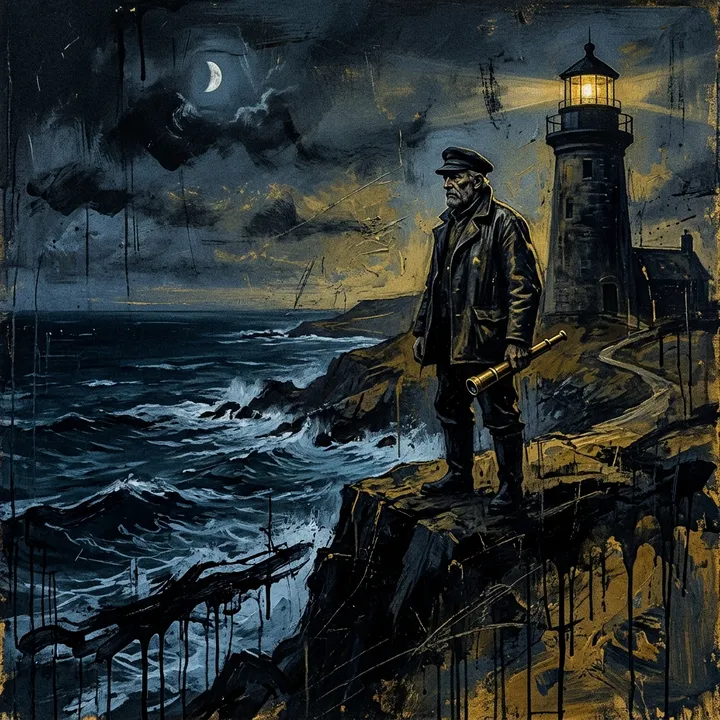 Leuchtturmwärter auf einer Klippe mit Blick aufs Meer, Neo-Noir