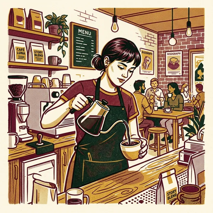 Barista beim Kaffeeeinschenken in einem Café, Risograph
