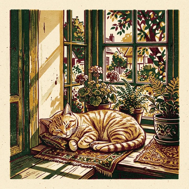 Katze schlafend auf einer sonnigen Fensterbank, Risograph