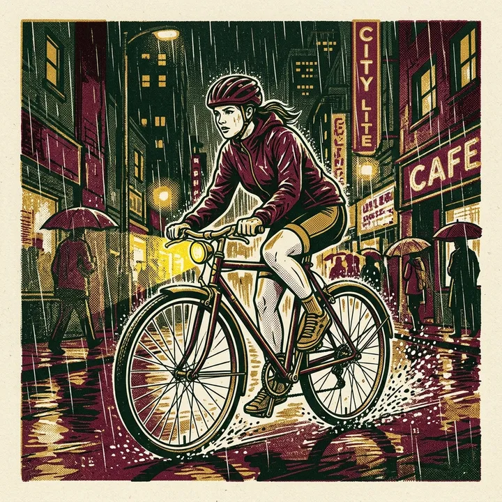 Radfahrer in einer regnerischen Stadt bei Nacht, Risograph