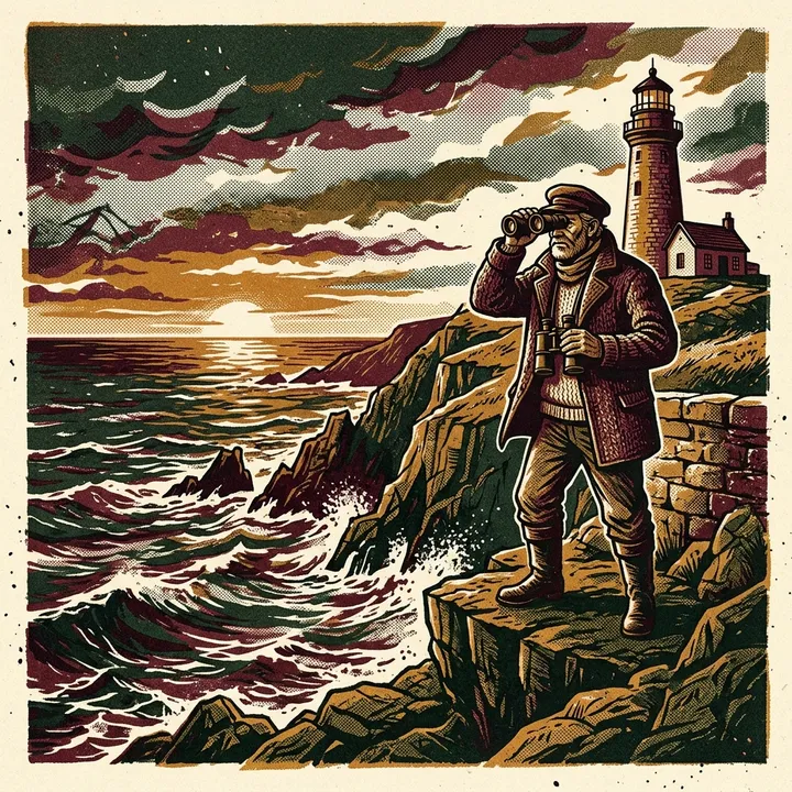 Leuchtturmwärter auf einer Klippe mit Blick aufs Meer, Risograph